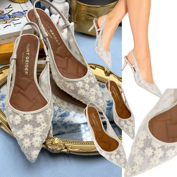 🆕 KURT GEIGER LONDON 🧿 NWOB Belgravia Floral Mesh Sling Back Heel, Cream Sz 7 - Picture 1 of 15